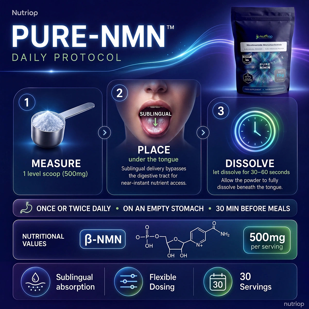 Nutriop® Pure NMN Sublingual Powder - Direct NAD+ Precursor (15g)