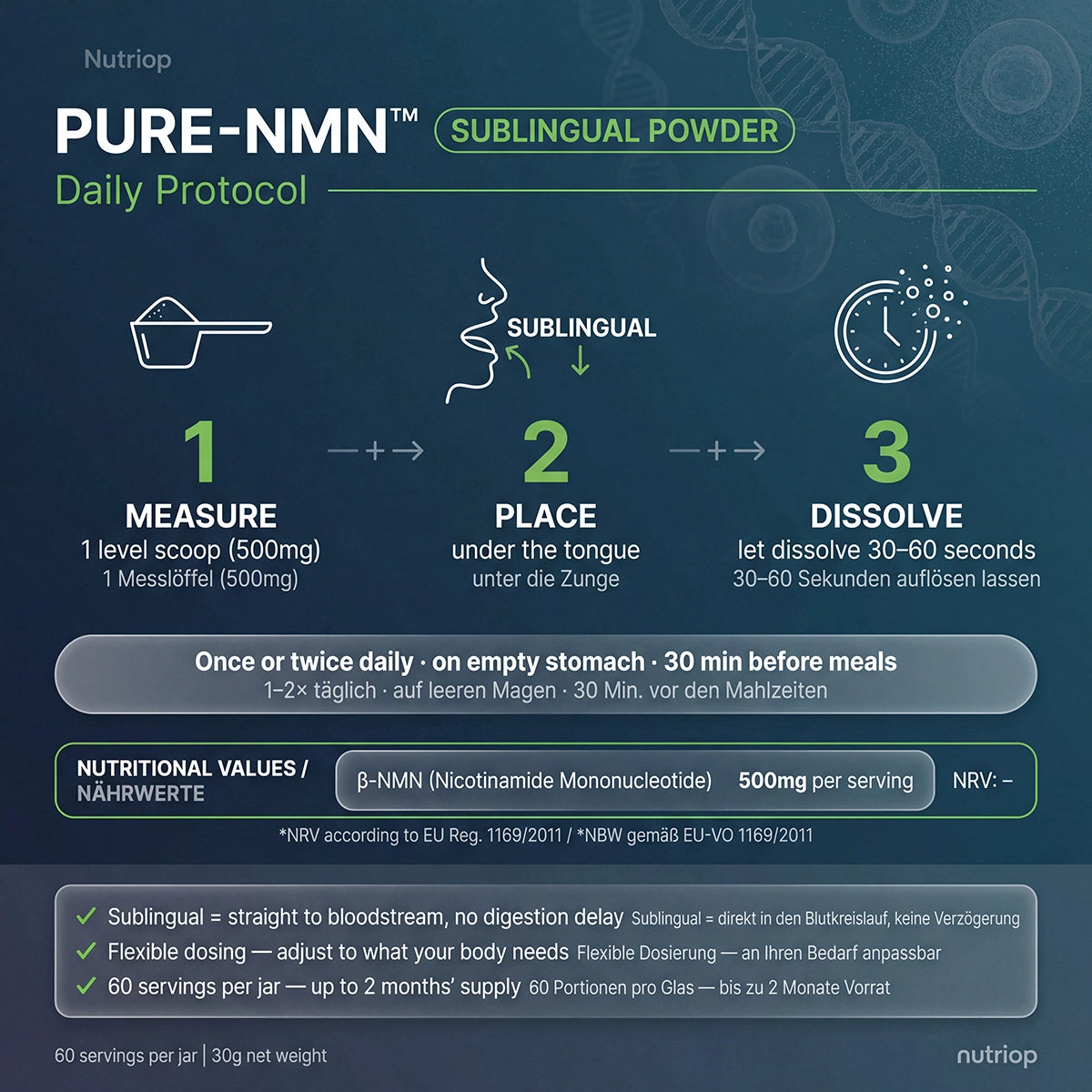 Nutriop Longevity® PURE-NMN Nicotinamide Mononucleotide Extreme Potency sublingual powder -30 grams