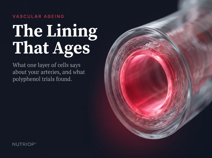 VASCULAR AGEING — The Lining That Ages: What one layer of cells says about your arteries, and what polyphenol trials found. A translucent glass artery cross-section whose thin inner lining glows ruby against midnight blue.