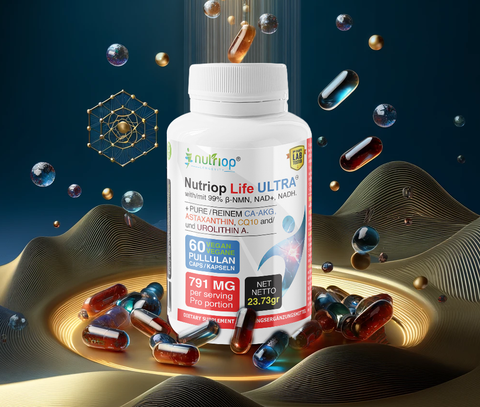 Image of Bio-Enhanced Nutriop Longevity® Life ULTRA mit NADH, NAD+, CQ10, ASTAXANTHIN und CA-AKG - 791mg pro Portion (x30)