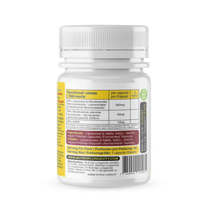 Nutriop Longevity® Max Strength LIPOSOMAL NMN PLUS +, forbedret med NADH & NAD+ - 360mg høj-potens kapsler (50 antal) - 18g