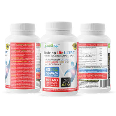 Bio-Enhanced Nutriop Longevity® Life ULTRA with NADH, NAD+, CQ10, ASTAXANTHIN and CA-AKG - 791mg per serving (x30)