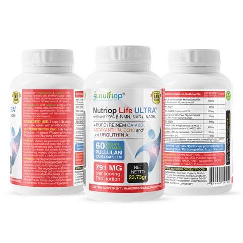 Image of Bio-Enhanced Nutriop Longevity® Life ULTRA med NADH, NAD+, CQ10, ASTAXANTHIN och CA-AKG - 791mg per portion (x30)