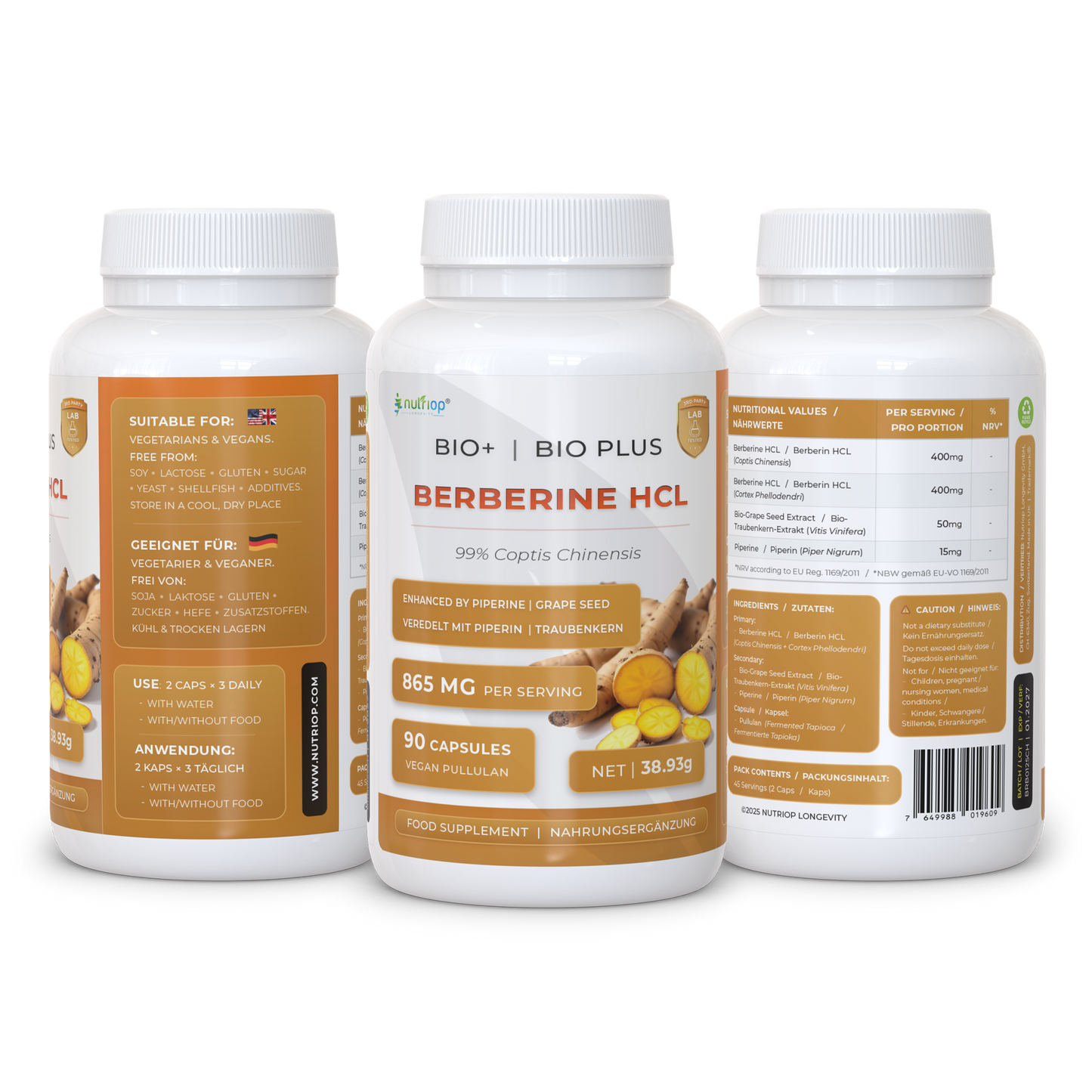 Nutriop Longevity® Bio-Enhanced Berberine HCL with Pure Organic Piperine and Grape Seed Extract - 865mg per serving (x45)
