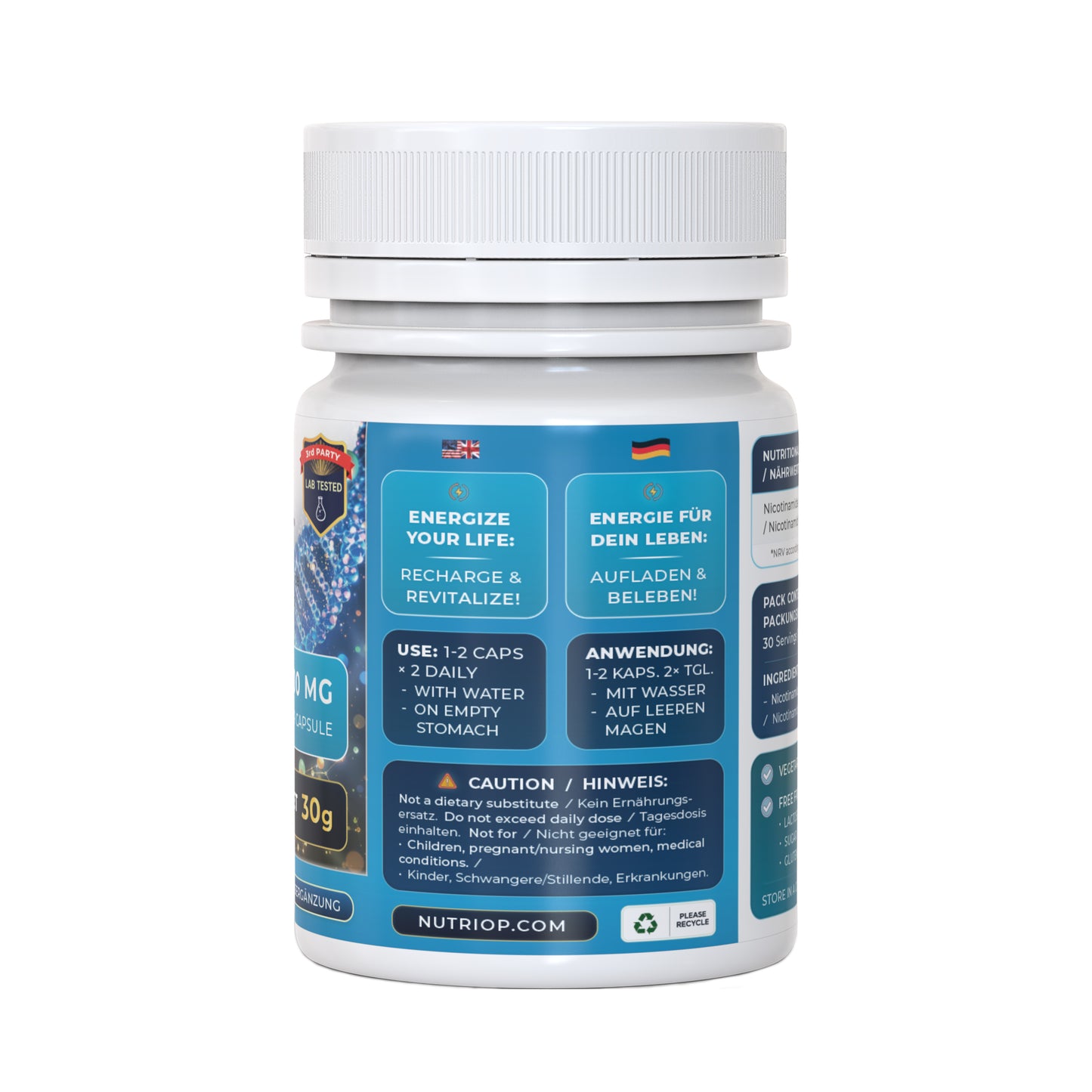 Nutriop Longevity® Pure-NMN Nicotinamide Mononucleotide Extreme Potency 500mg Capsules (x30) - 15 Grams