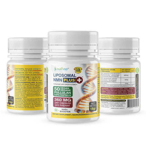 Image of Nutriop Longevity® Max Strength LIPOSOMAL NMN PLUS +, aprimorado com NADH e NAD+ - Cápsulas de alta potência de 360 ​​mg (contagem de 50) - 18g