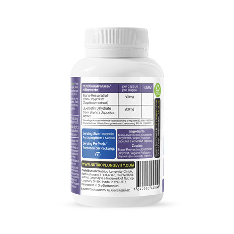 Image of 生物增强 Nutriop Longevity® 白藜芦醇，含纯槲皮素 - 700 毫克胶囊（x60）