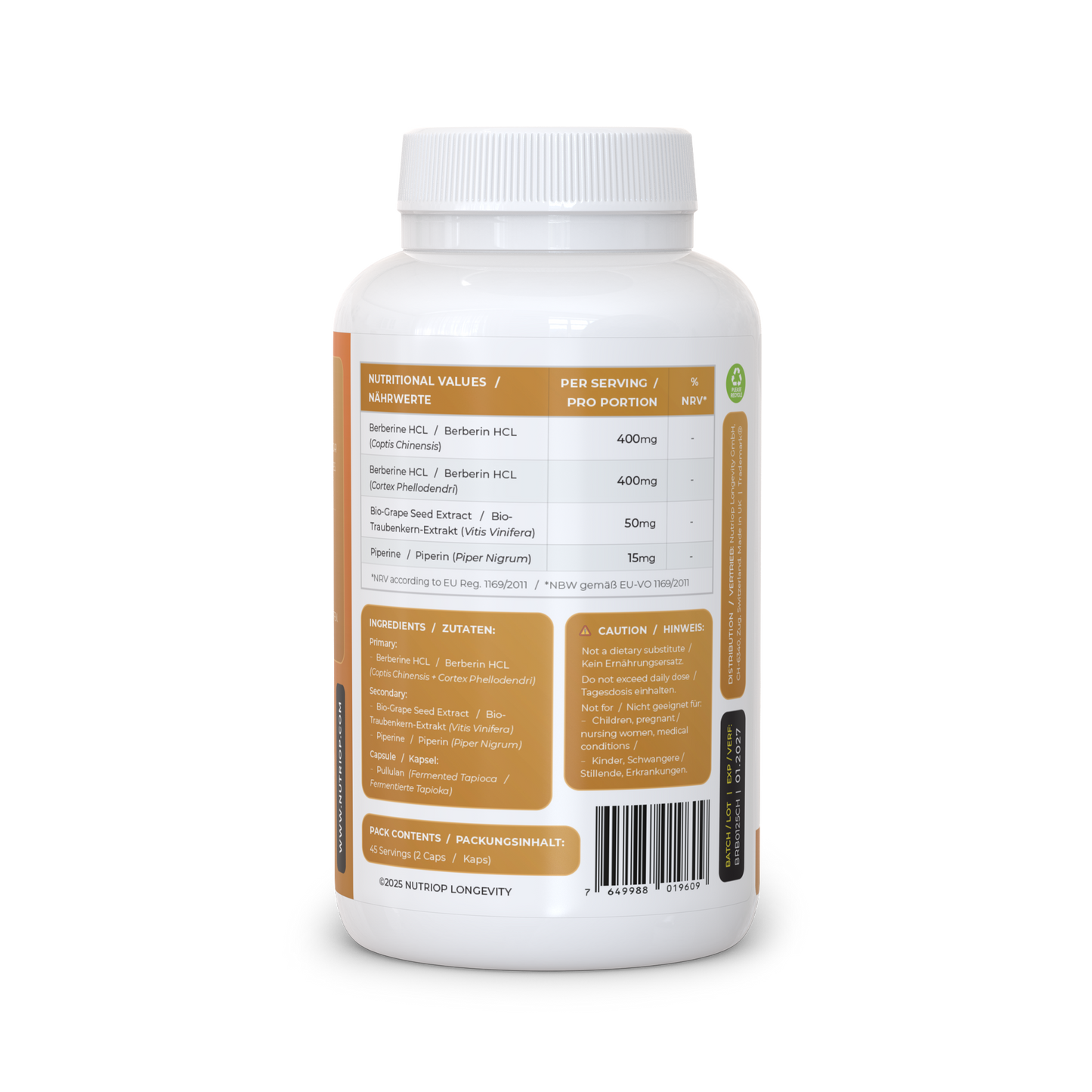 Nutriop Longevity® Bio-Enhanced Berberine HCL with Pure Organic Piperine and Grape Seed Extract - 865mg per serving (x45)