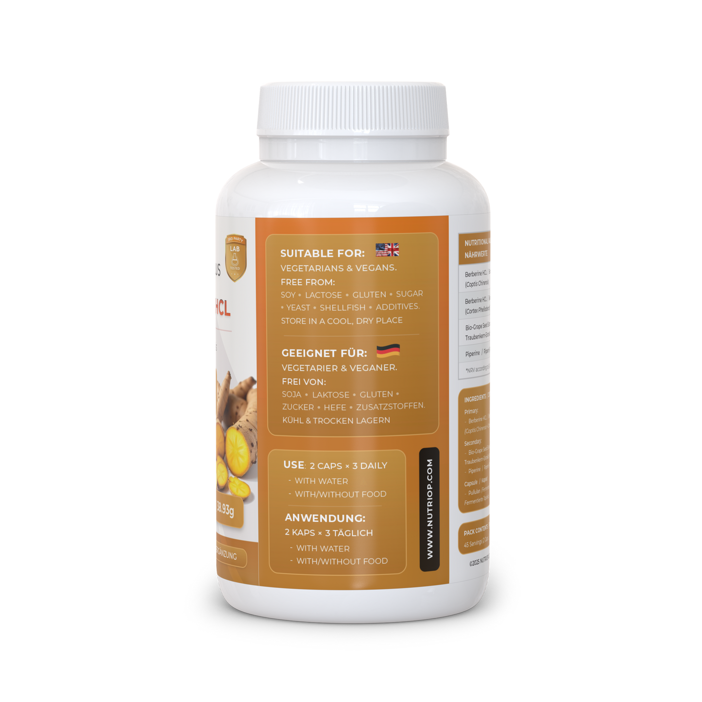 Nutriop Longevity® Bio-Enhanced Berberine HCL with Pure Organic Piperine and Grape Seed Extract - 865mg per serving (x45)