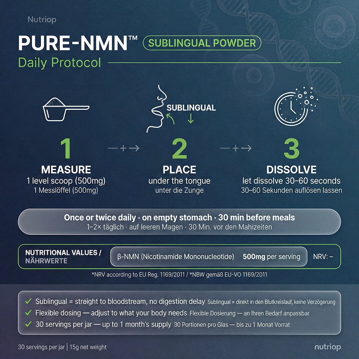 Nutriop® Pure NMN Sublingual Powder - Direct NAD+ Precursor (15g)