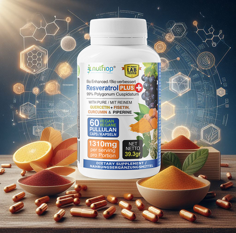 Image of Bio-Enhanced Nutriop Longevity® Resveratrol PLUS con quercetina pura, fisetina, curcumina e piperina - 1310 mg per porzione (x30)