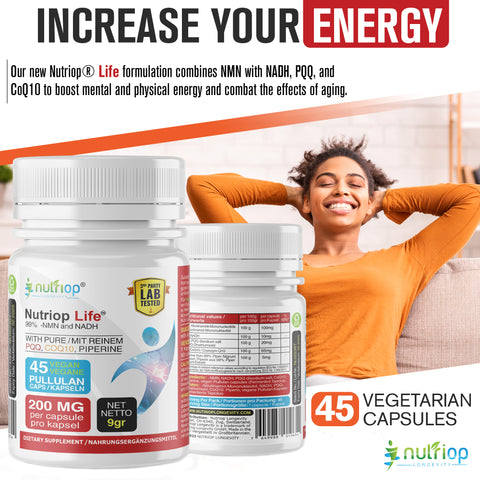 NADH, PQQ ve CQ10- Extra Strong ile Bio-Enhanced Nutriop® Life - 45 kapak