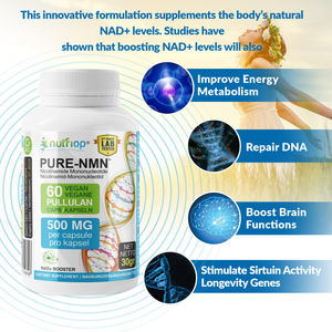 Nutriop Longevity® Pure-NMN Nicotinamida Mononucleotídeo Potência Extrema Cápsulas de 500mg (x60) - 30 Gramas