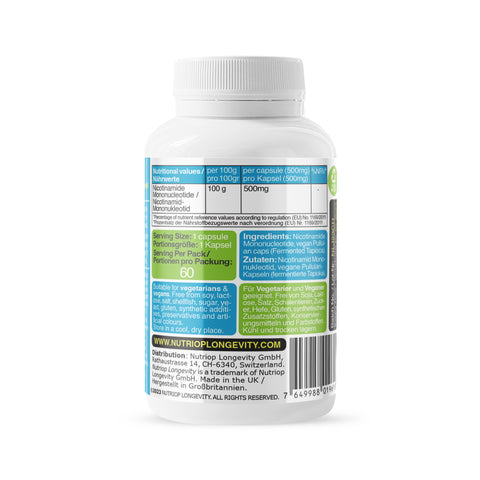 Nutriop Longevity® Pure-NMN Nicotinamide Mononucleotide Extreme Potency 500mg Capsules (x60) - 30 Grams