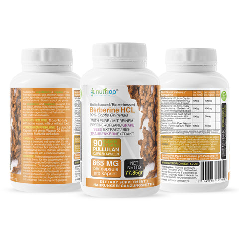 Image of Bio-Enhanced Nutriop® Berberine HCL con piperina organica pura ed estratto di semi d'uva - 800 mg per porzione (x90)