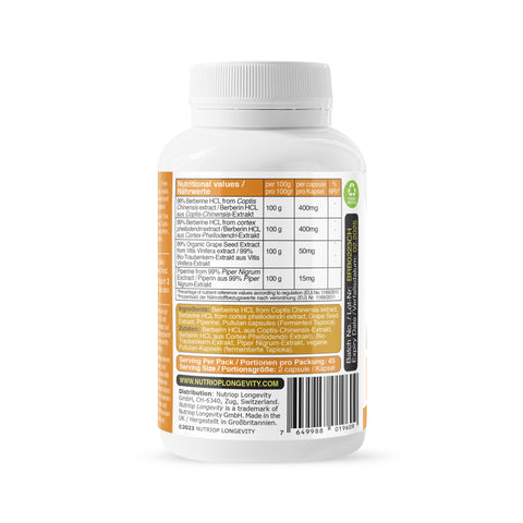 Image of Био-усиленный Nutriop® Berberine HCL с чистым органическим пиперином и экстрактом виноградных косточек - 800 мг на порцию (x90)