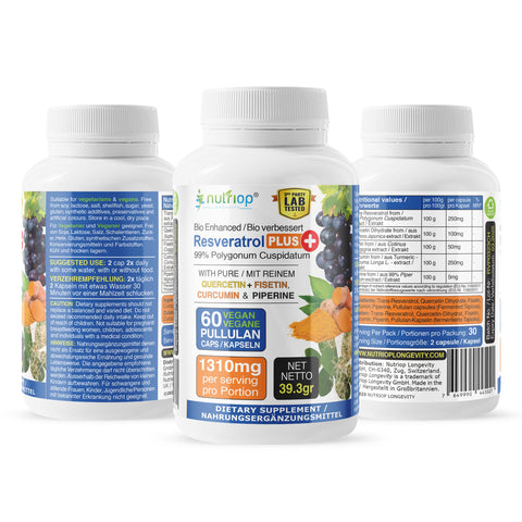 Image of Bio-Enhanced Nutriop Longevity® Resveratrol PLUS mit reinem Quercetin, Fisetin, Curcumin und Piperin – 1310 mg pro Portion (x30)