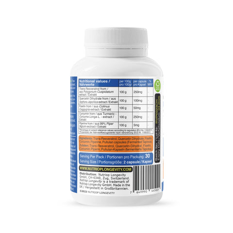 Image of Bio-Enhanced Nutriop Longevity® Resveratrol PLUS with Pure Quercetin, Fisetin, Curcumin and Piperine - 1310mg per serving (x30)