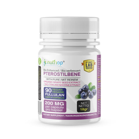 Image of Nutriop Longevity® Pterostilbene Extreme with 100% Pure Organic Grape Seed Extract - 100mg カプセル (x90)