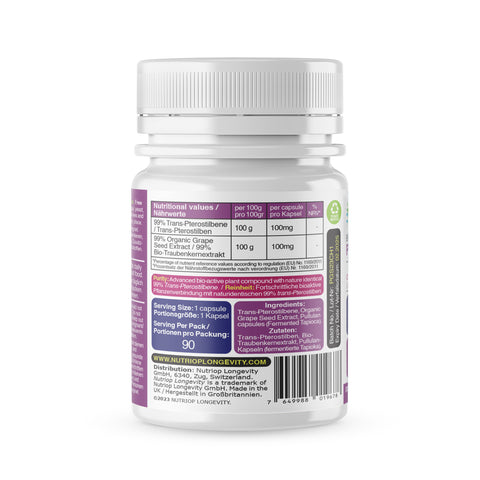 Image of Nutriop Longevity® Pterostilbene Extreme med 100 % rent ekologiskt druvkärneextrakt - 100 mg kapslar (x90)