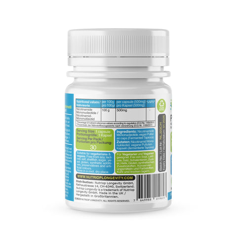 Image of Nutriop Longevity® Pure-NMN Nicotinamida Mononucleotídeo Potência Extrema Cápsulas de 500mg (x30) - 15 Gramas