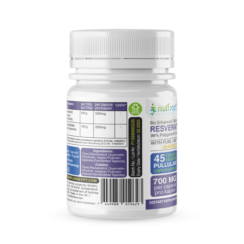 Image of Bio-Enhanced Nutriop Longevity® Resvératrol avec Quercétine Pure - Capsules de 500mg (x45)