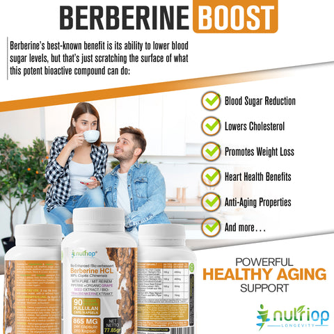 Image of Bio-Enhanced Nutriop® Berberine HCL with Pure Organic Piperine and Grape Seed Extract - 1 回分 (x90) あたり 800mg