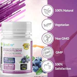 Nutriop Longevity® Pterostilbene Extreme con extracto de semilla de uva orgánico 100 % puro - Cápsulas de 100 mg (x90)