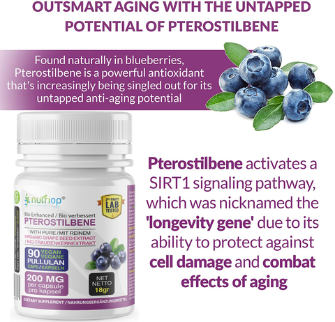Image of Nutriop Longevity® Pterostilbene Extreme with 100% Pure Organic Grape Seed Extract - 100mg Capsules (x90)